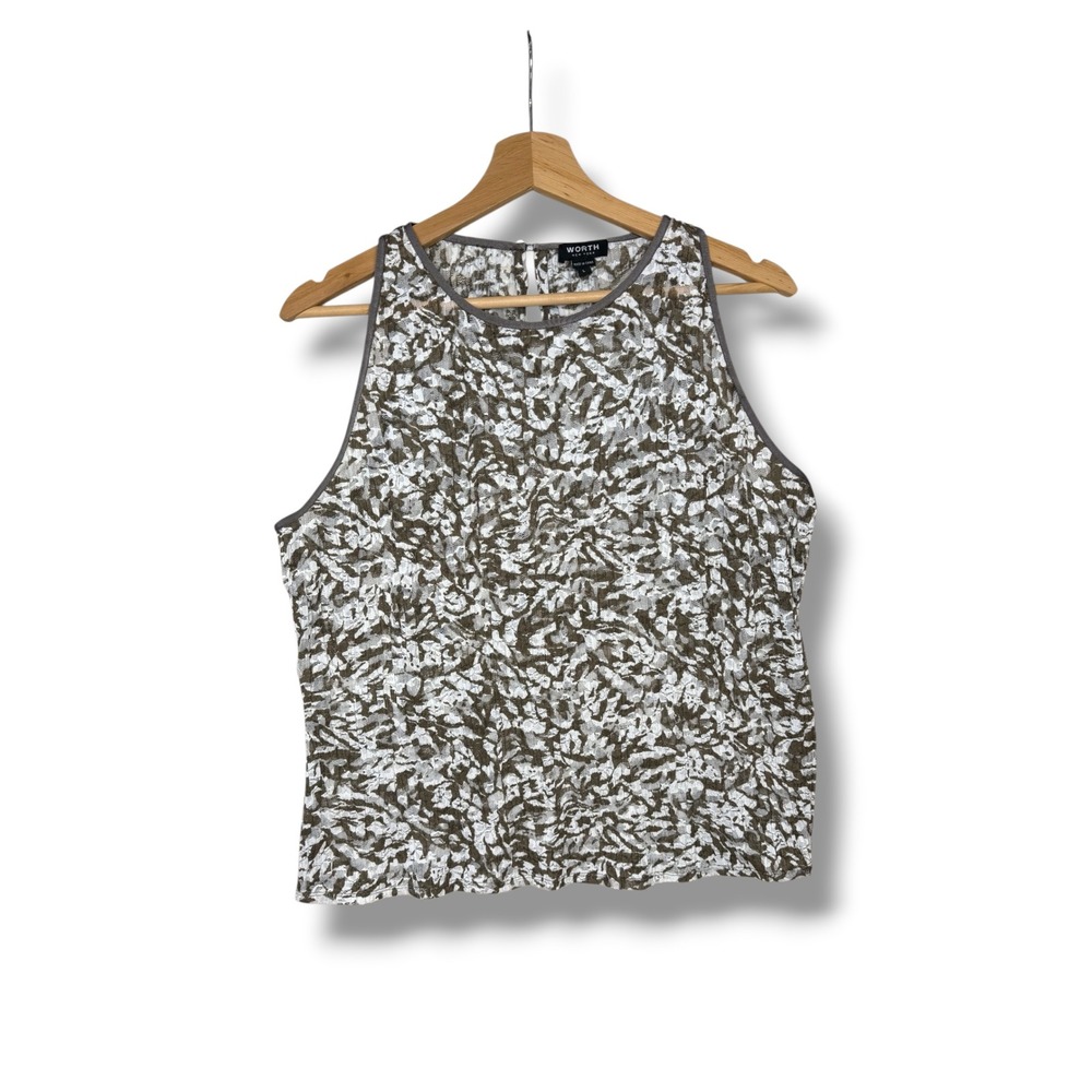 Worth New York Women's L Green White Abstract Lace Sleeveless Shell Top Tank
